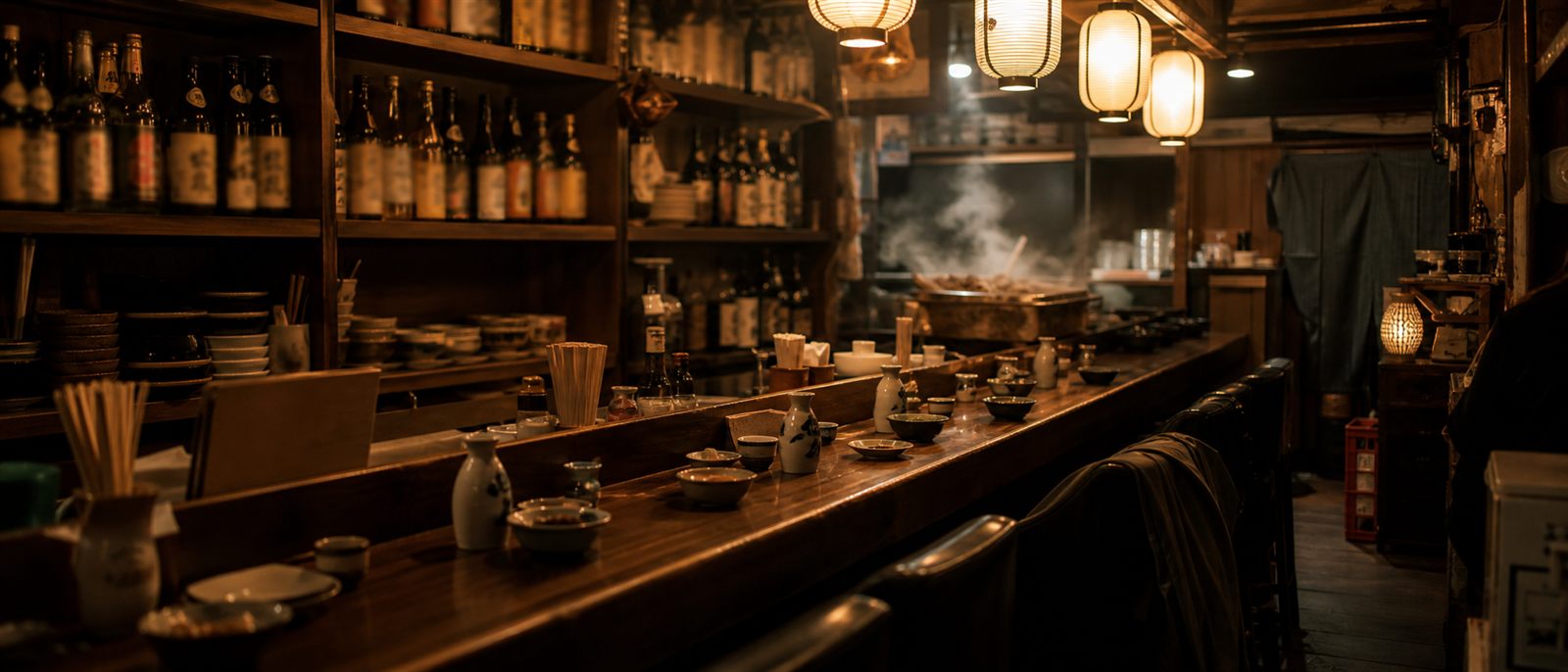 夜のカウンター。徳利とおちょこ、電球色の灯り（イメージ）